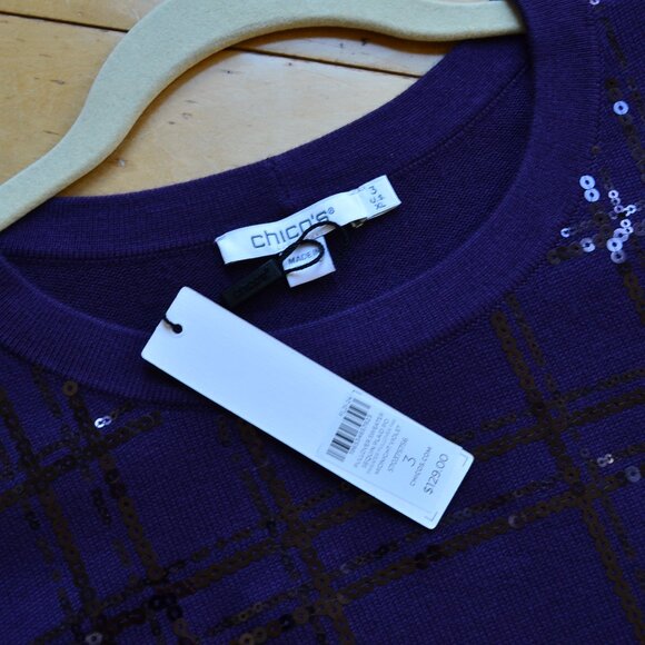 Chicos Chico's Sequin Plaid Long Sleeve Sweater Size 3 NWT US XL - Picture 3 of 13